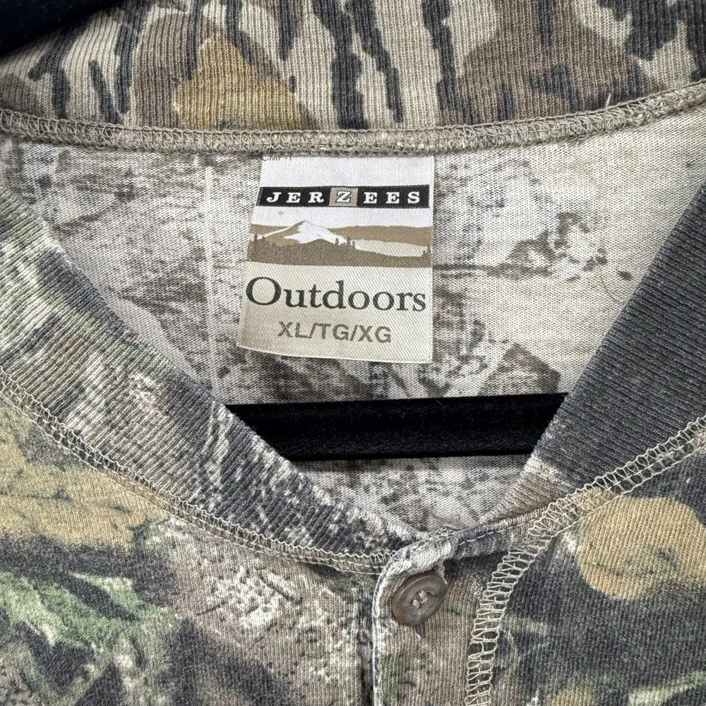 Jerzees Outdoors Mens XL Henley Shirt Camo Green Mossy Oak Break-Up Long Sleeve